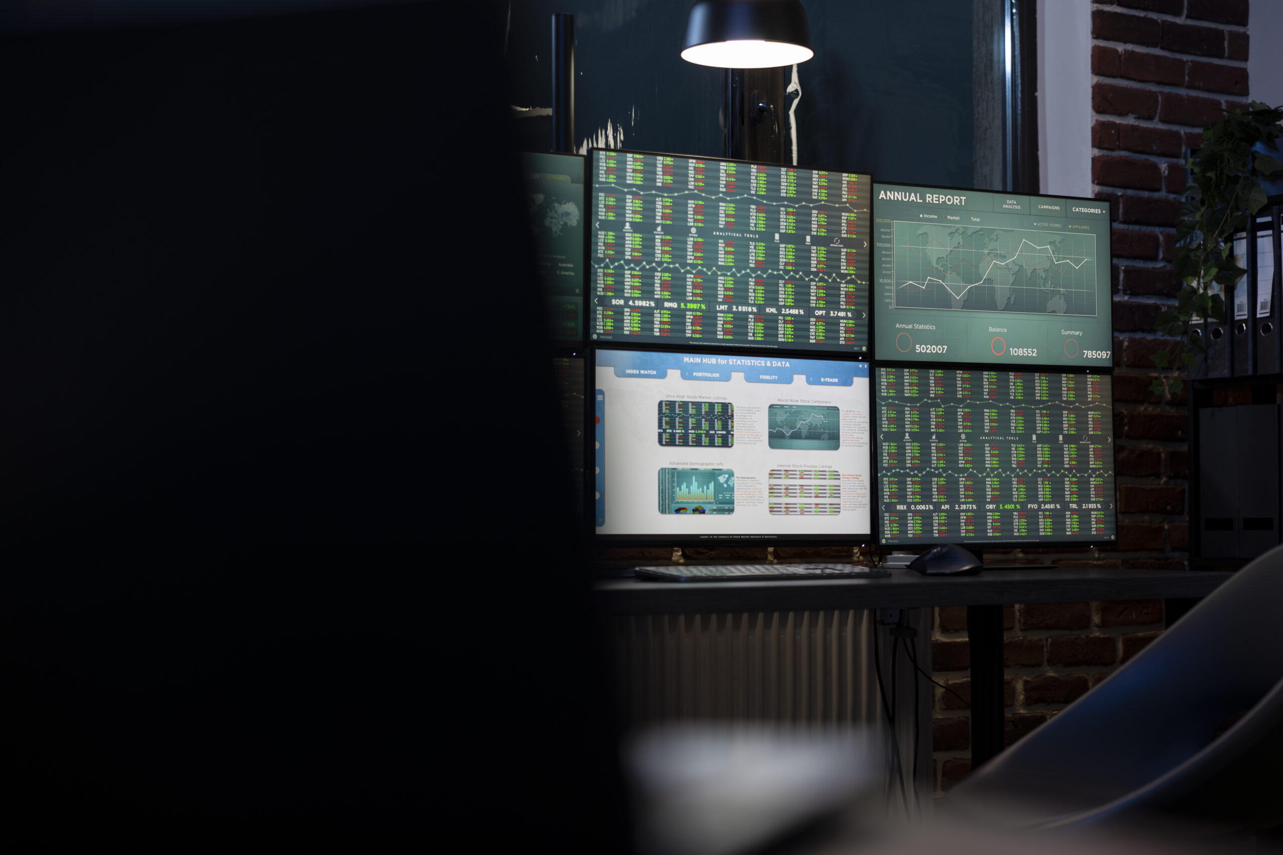 High tech office at night with digital screens showing forex charts. A dimly lit workplace with multiple monitors displaying stock market graphs and statistics, prepared for the next trading shift.