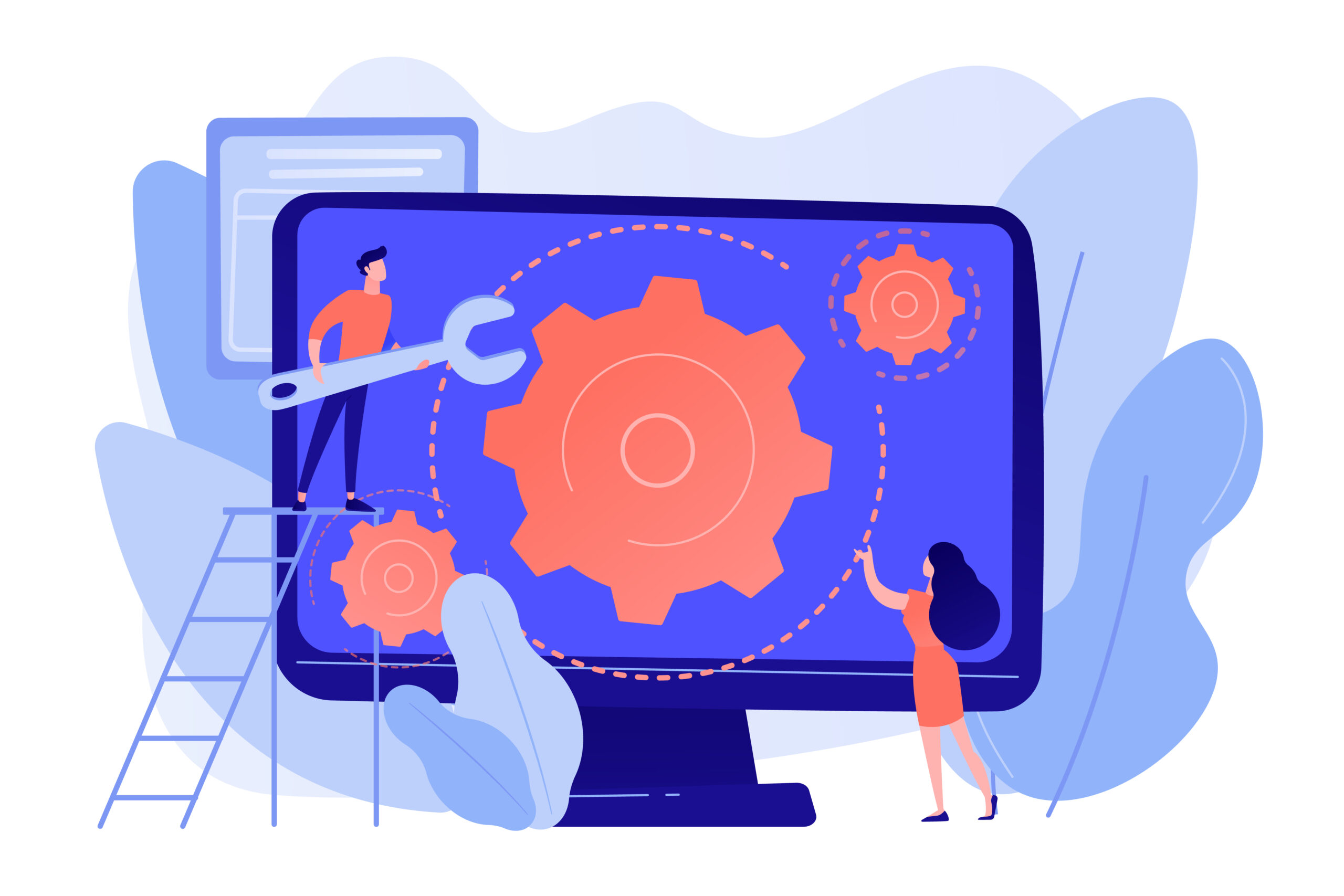 Computer technician with wrench repairing computer screen with gears. Computer service, laptop repair center, notebook setup service concept. Pinkish coral bluevector isolated illustration