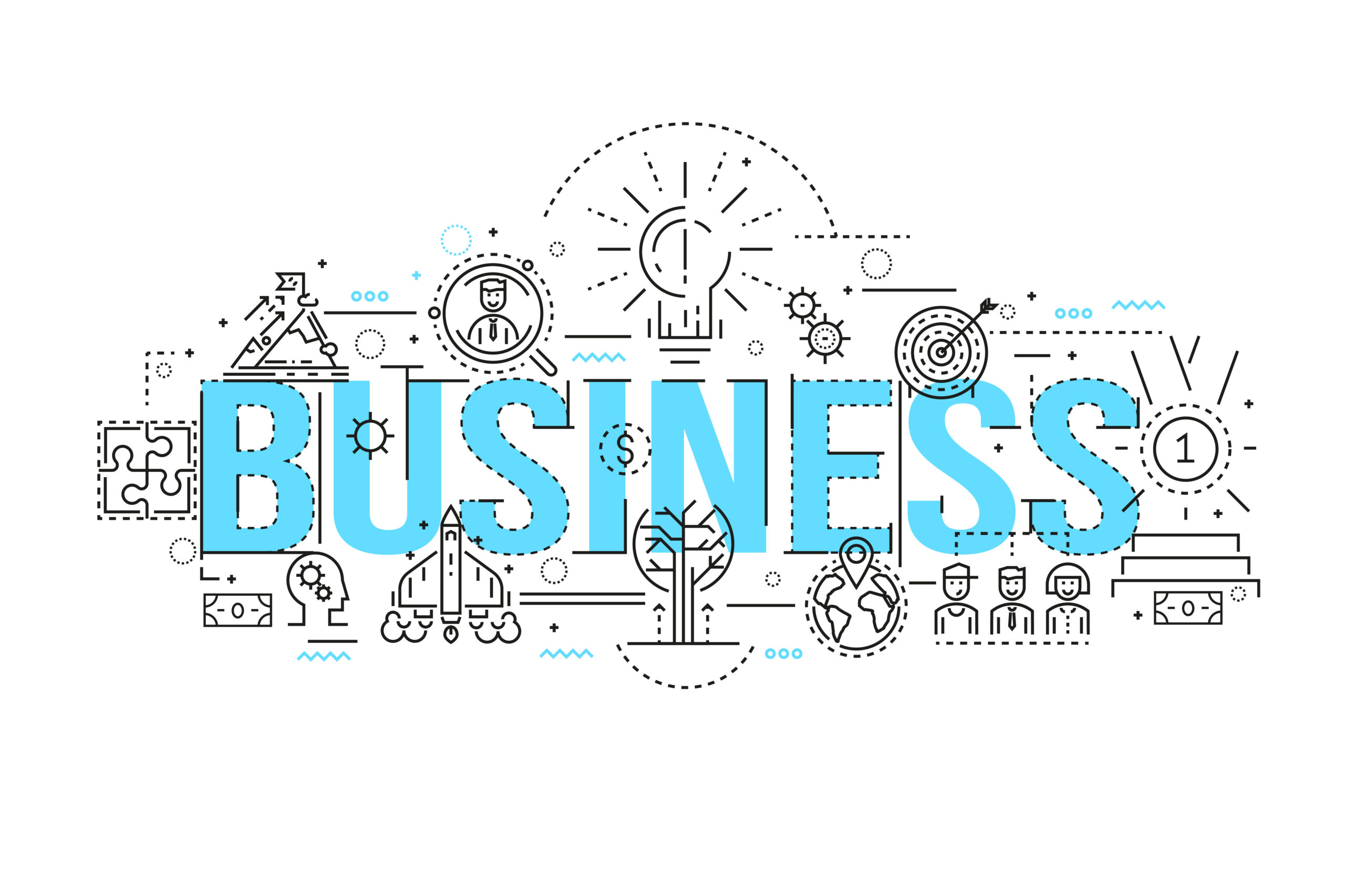 Business linear design with blue title and monochrome icons of goals and resources of organization vector illustration